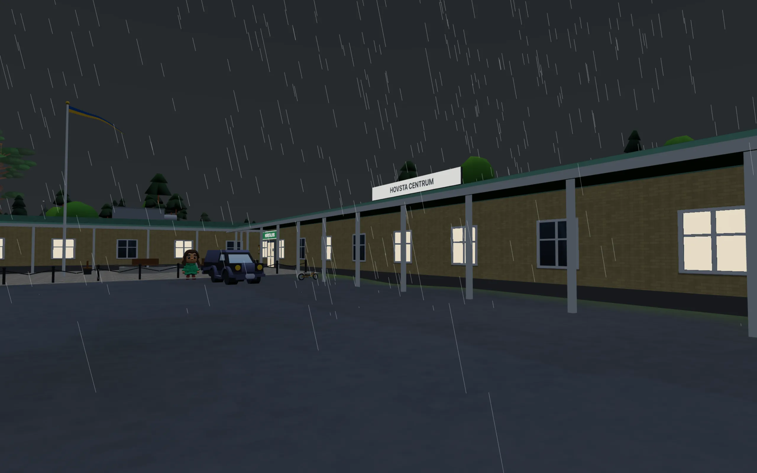 Regn i Hovsta centrum en kväll